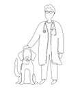 Drawn veterinarian doctor examining and care of sick dog. Pet health care service concept. Continuous line Royalty Free Stock Photo